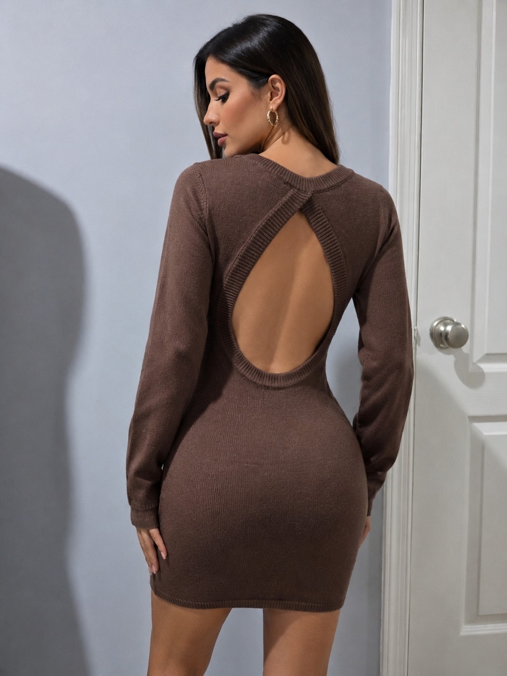 iris Brown Long-Sleeve Backless Bodycon Mini Dress